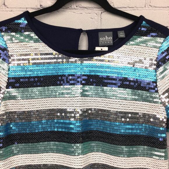 New York and Company Soho Jeans Striped Sequins Keyhole Back Short Sleeve Top XS - Picture 2 of 10